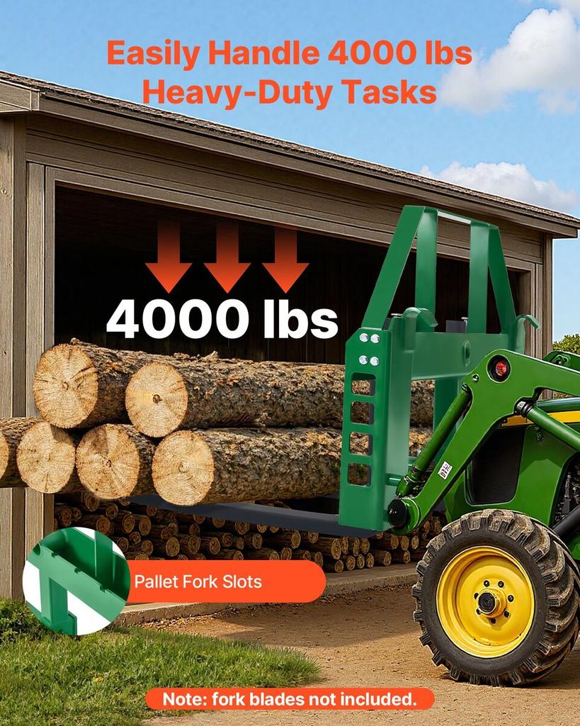 Skid Steer Pallet Frame, 1814 Kg Rated Load Capacity, 115 Cm Pallet Fork Frame Attachments with 50.8 Mm Hitch Receiver & Spear Sleeves, Fit for John