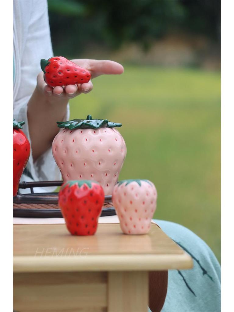 Hand-Painted Strawberry Ceramic Tea Can Ornament for Home Decor and Photography