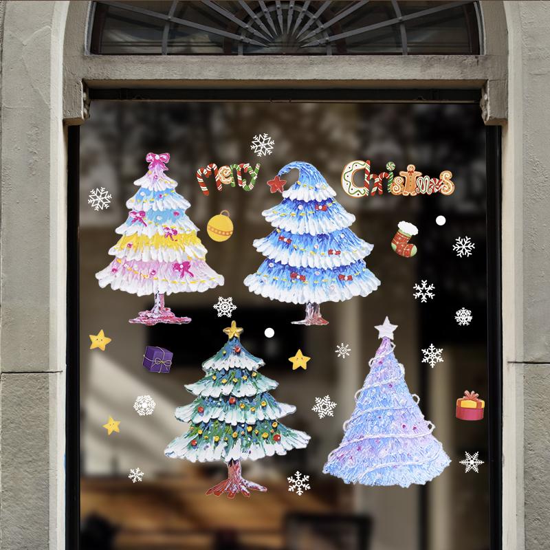 Cartoon Christmas Window Sticker Santa Claus Xmas Tree Double-Sided Glass Sticker Christmas Decoration for Home New Year 2025