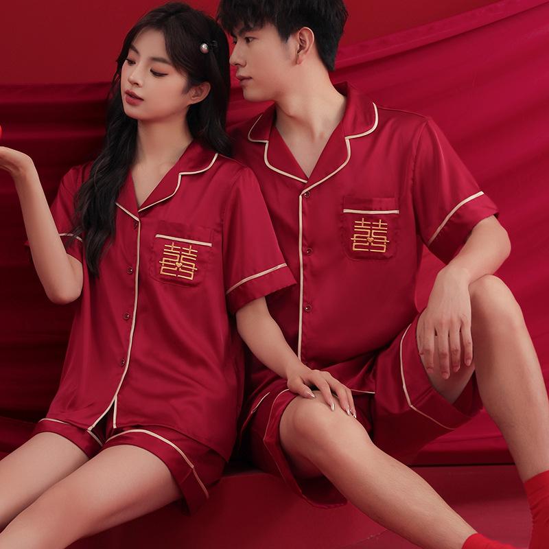Newlywed Couple Ice Silk Pajamas Men's High-end Summer Red Wedding Loungewear Women's Festive Pajamas Set