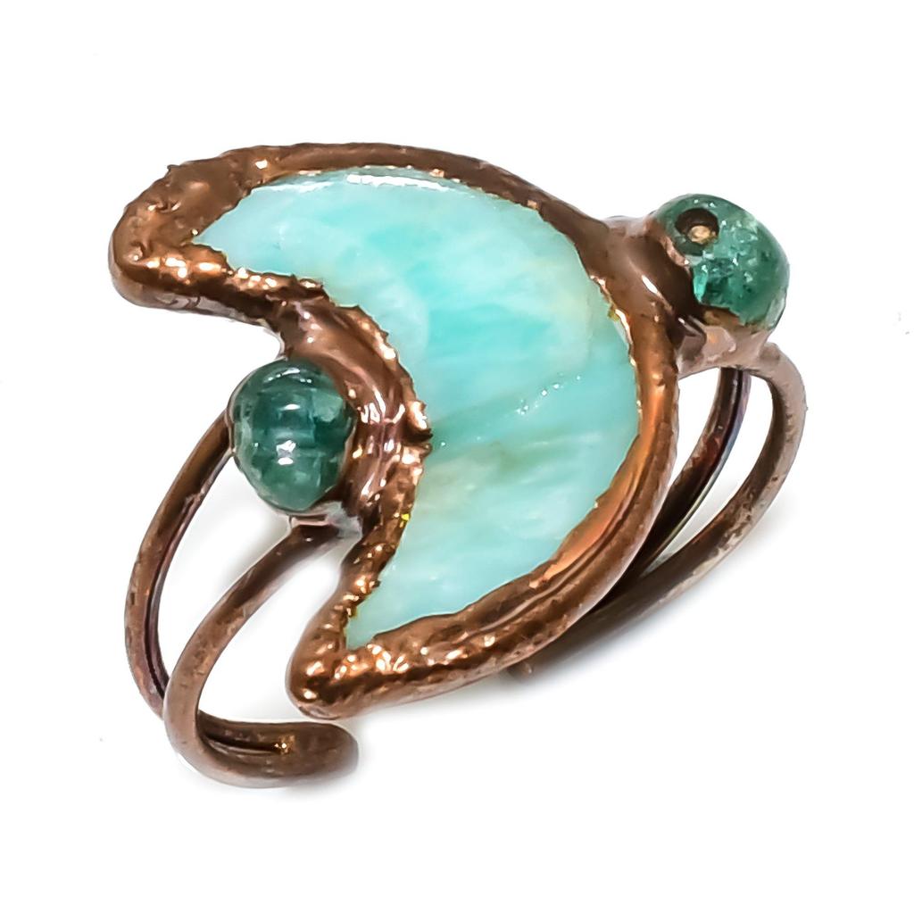 Amazonite Handmade Gemstone Ring, Copper Electroformed Ring Antique Jewelry, Adjustable Ring Engagement Gift