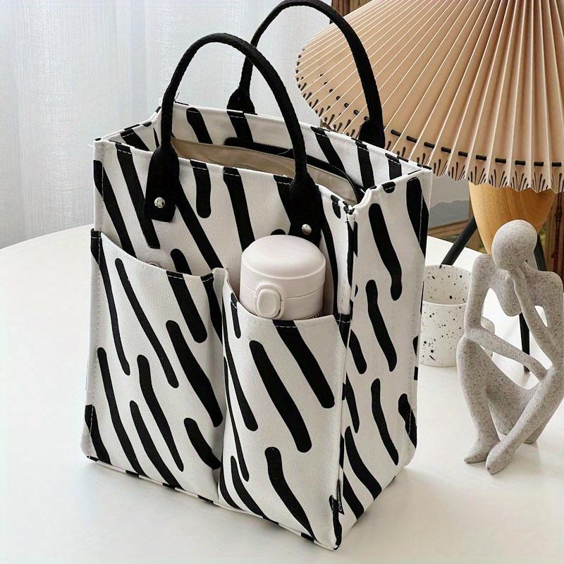 Thick Polyester Tote Bag Large Capacity Minimalist Plaid Pattern with Zipper Closure, Reinforced Handles for Work, Shopping & Daily Essentials