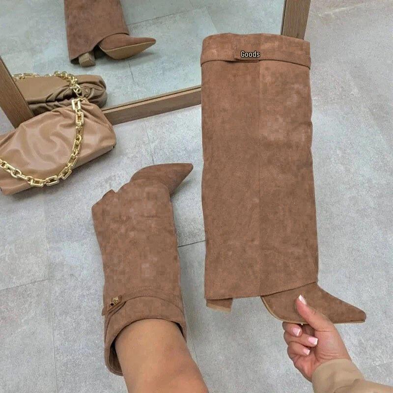 Bottes à talon bloc pointues pour femmes grande taille avec boucle métallique – Mi-longues, Mollets larges