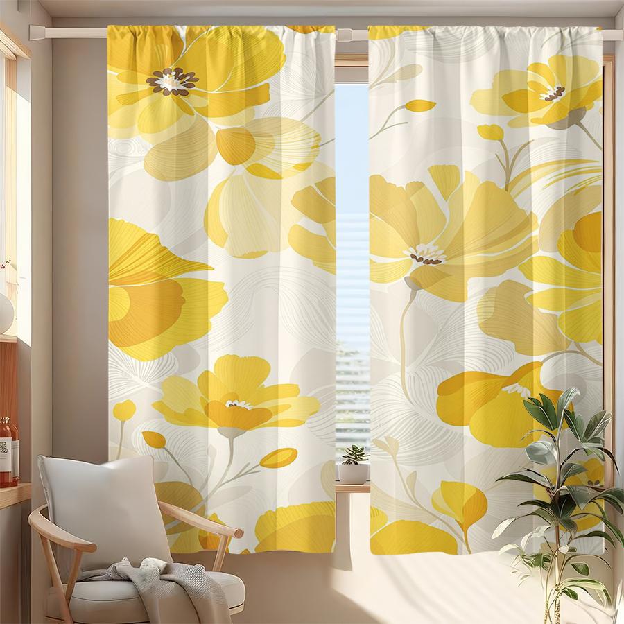 

2PCS Multicolor Yellow Floral Swirl Pattern Curtains Rod Pocket Design For Bedroom And Living Room 24x59in(60x150CM)x2&Rod Pocket&2 panels