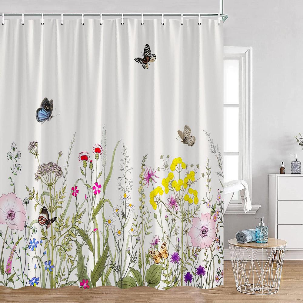 Floral Shower Curtain Colorful Flowers Birds Butterfly Botanical Green Leaves Bathroom Curtains Modern Bathtub Decor with Hooks