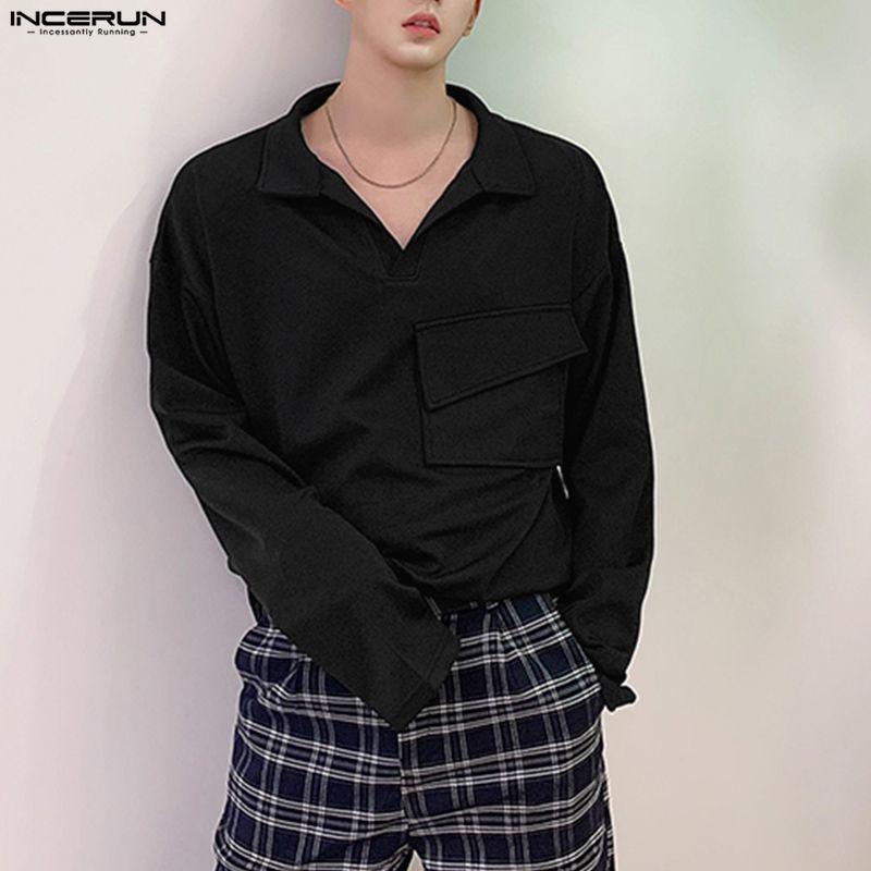 INCERUN Oversized Men Lapel Neck Long Sleeve Solid Loose Casual T-Shirts Tops