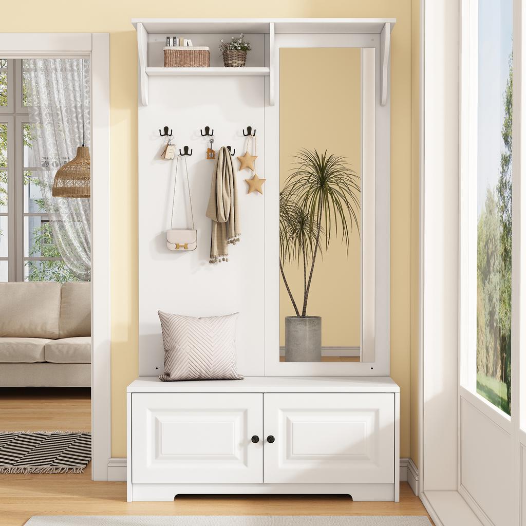 100*40*180cm Hallway Wardrobe with Mirror, 5 Coat Hooks, 2 Cabinets and Shelf, Hallway Coat Stand Clothes Rack with Shoe Cabinet, White