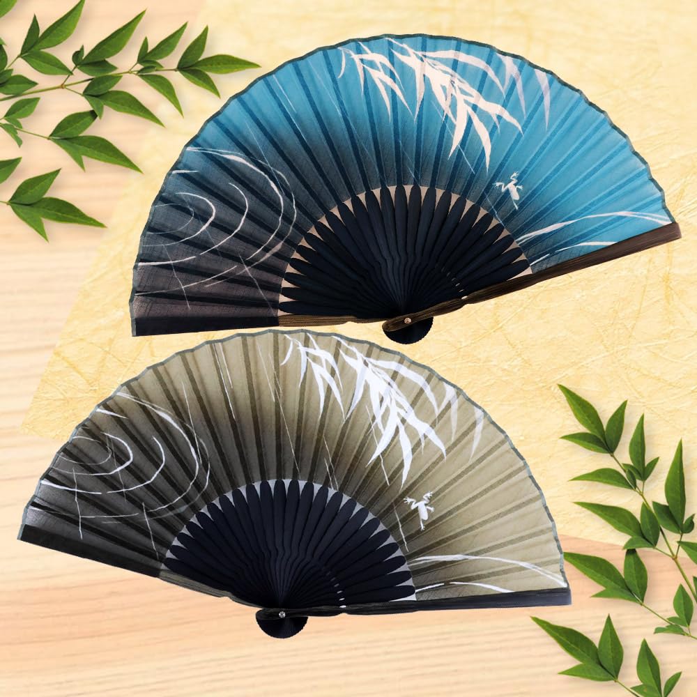 Fan Fan Set with Willow Frog [Osaka Choseido] Fan, Men's, Fashionable, Business, Bag, Holder, Handkerchief, (Blue Green)