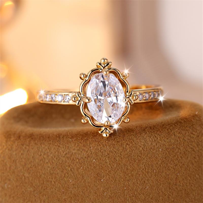 Delicate Female Oval Stone White Zircon Wedding Bands Antique Gold Color Promise Engagement Rings For Women Mothers Day Jewelry