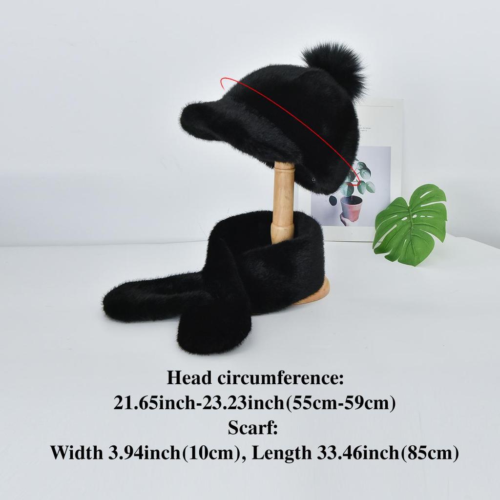 Autumn Winter Faux Mink Fur Baseball Cap for Women with Pom Pom, Faux Fur Warm Fleece Hat Scarf Set For Outdoor Travel