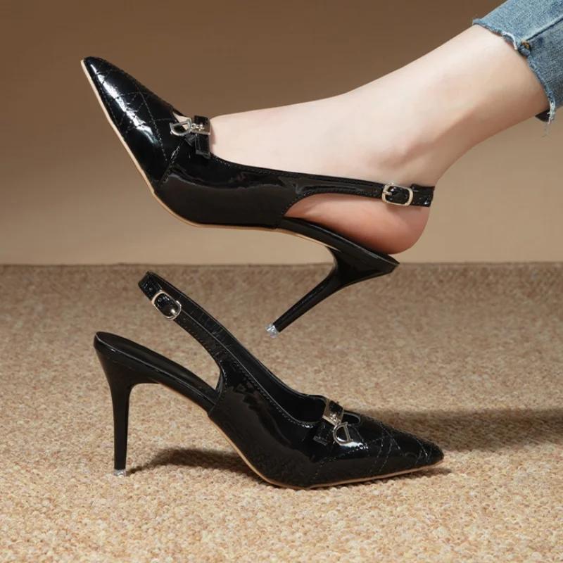 Fashion 2024  High-heeled Shoes Buckle Shallow Pointed Toe Stiletto Heels with Back Strap Slip-on Sandals Sexy Shiny Leather Shoes