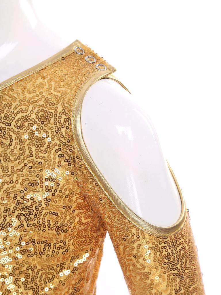 Mädchen Performance Top Ein Schulter Langarm Pailletten Quasten Detail Schönheitswettbewerb Bühne Wettbewerb Crop Top