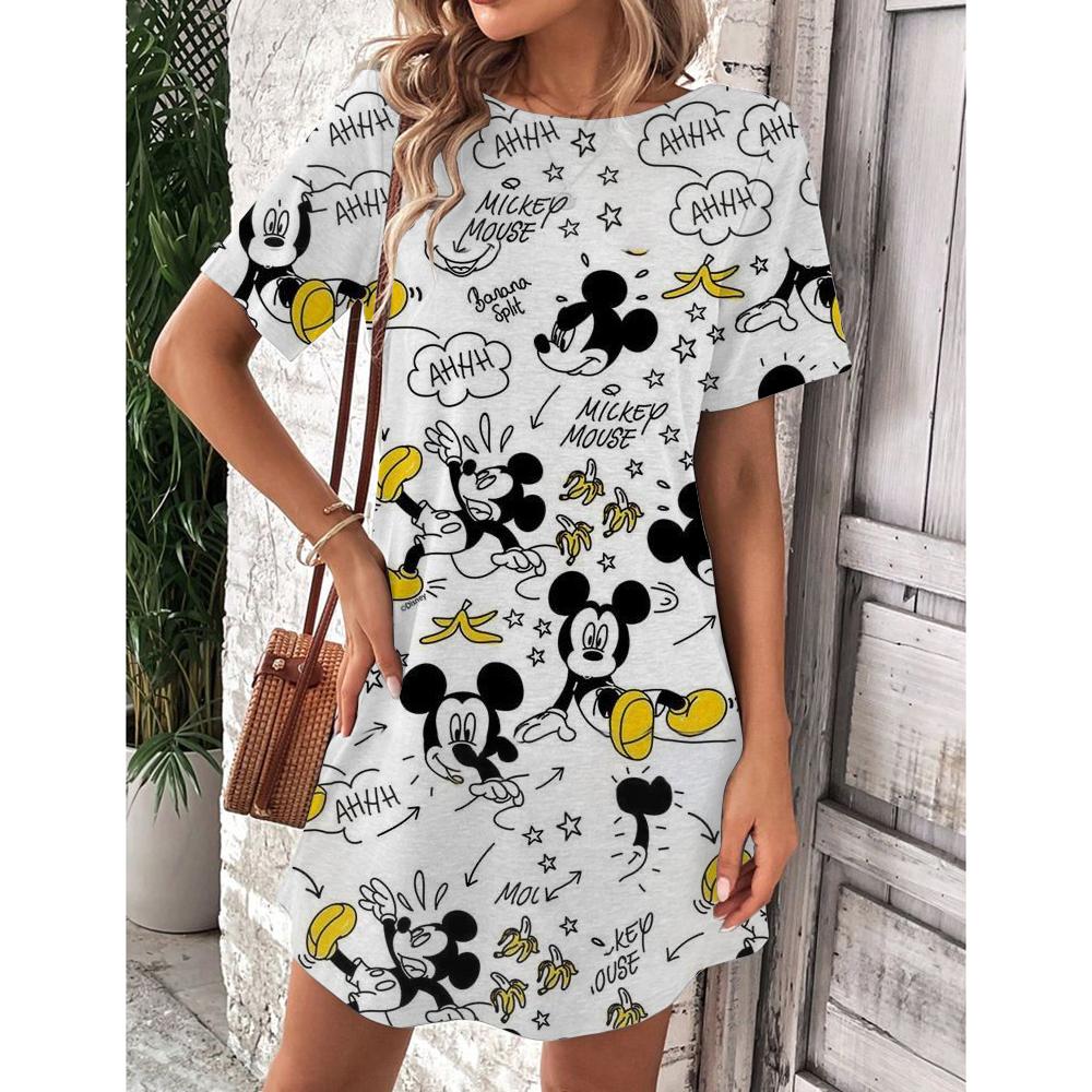 Abito estivo da donna Disney Topolino Primavera Scollo a O Manica Corta Vita Larga Abito con Volant
