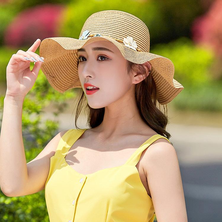 Chapéu de palha de verão da moda, proteção solar feminina, férias, turismo, praia, chapéu de aba grande, chapéu de sol de renda ondulada