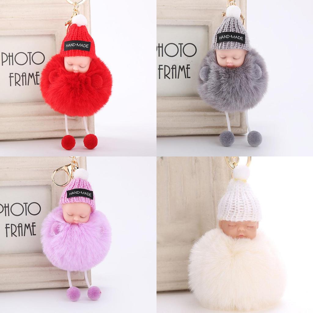 Entzückender schlafender Babypuppen-Schlüsselanhänger mit weichem künstlichem Kaninchenfell für Taschen und Schlüssel