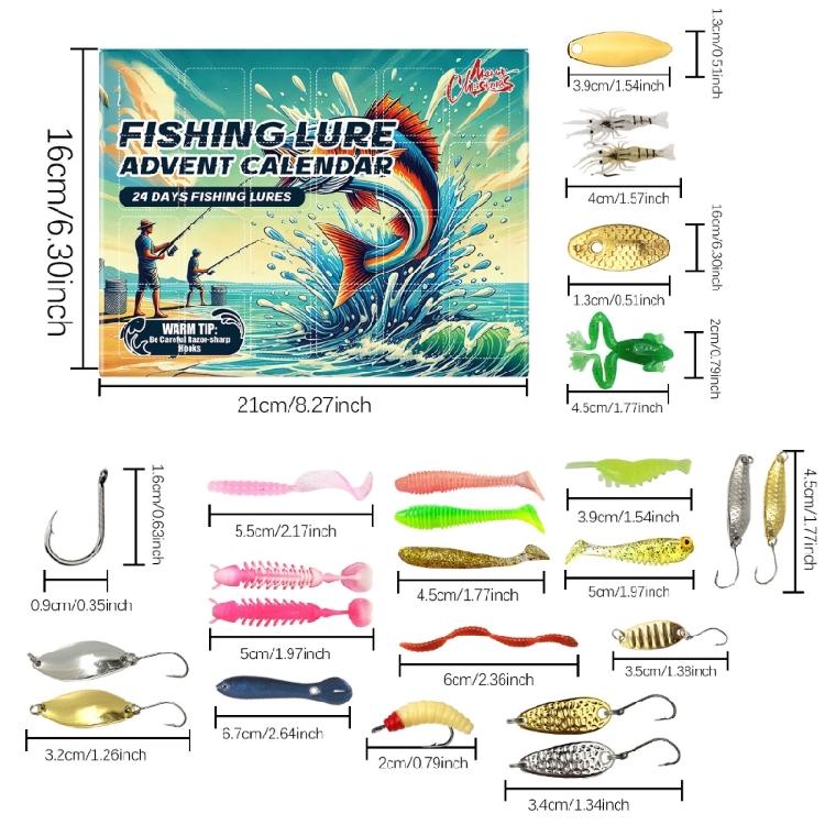 Seasonal Fishing Lure Advents Calendar Christmas Countdowns Fishing Tackle Box with 24 Assorted Baits for Celebration