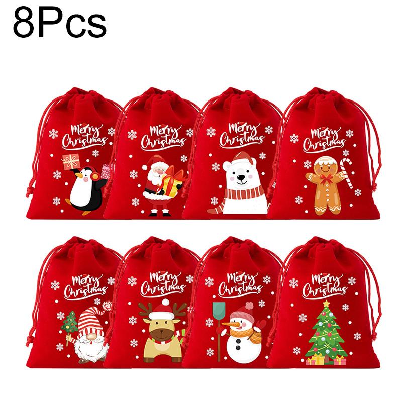 6/8/12Pcs Drawstring Gift Bags Red Green Cartoon Patterned 2025 Packaging Bags For Party Favors Velvet Christmas Candy Bag
