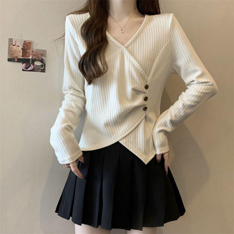 Women's Plus Size Ribbed Irregular Long Sleeve Top - Korean Style, Loose Fit, Slimming Base Layer for Autumn/Winter.