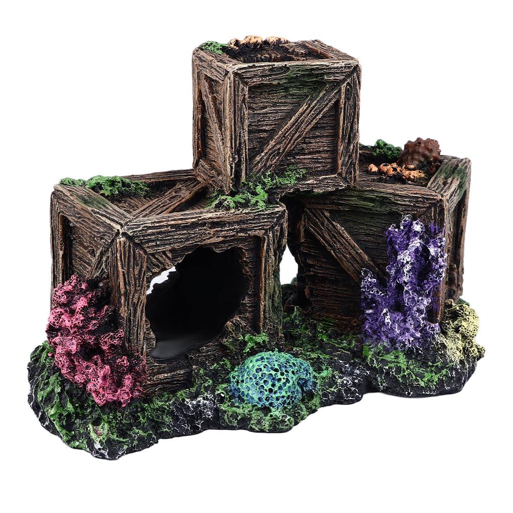 Simulierte Weinkistenform Aquariendekoration Harz Versteck Fischtank Ornament Dekorativ Hohl