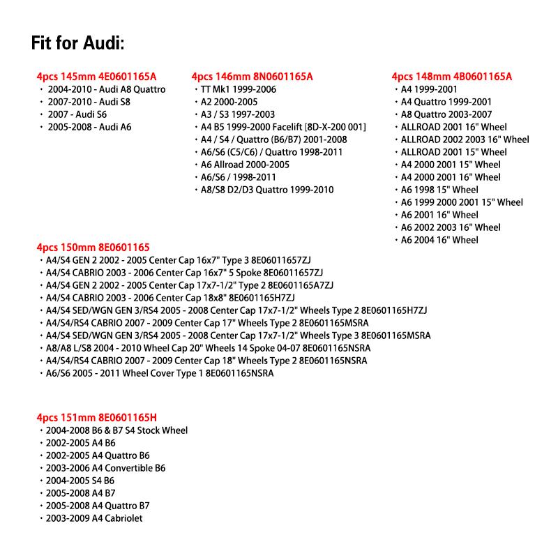 For Audi A34Pcs Car Wheel Center Hub Caps Badge Rim Hubcap 8N0601165A 4B0601165A Accessories For Audi A3 A4 A5 S6 S8 TT A8 Quattro Emblem
