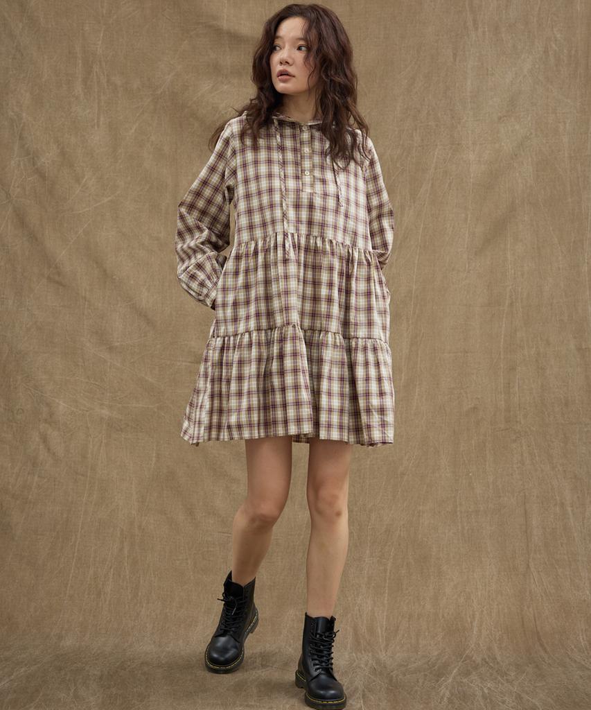 Manavis Seven Hooded Tiered Dress [Beige]