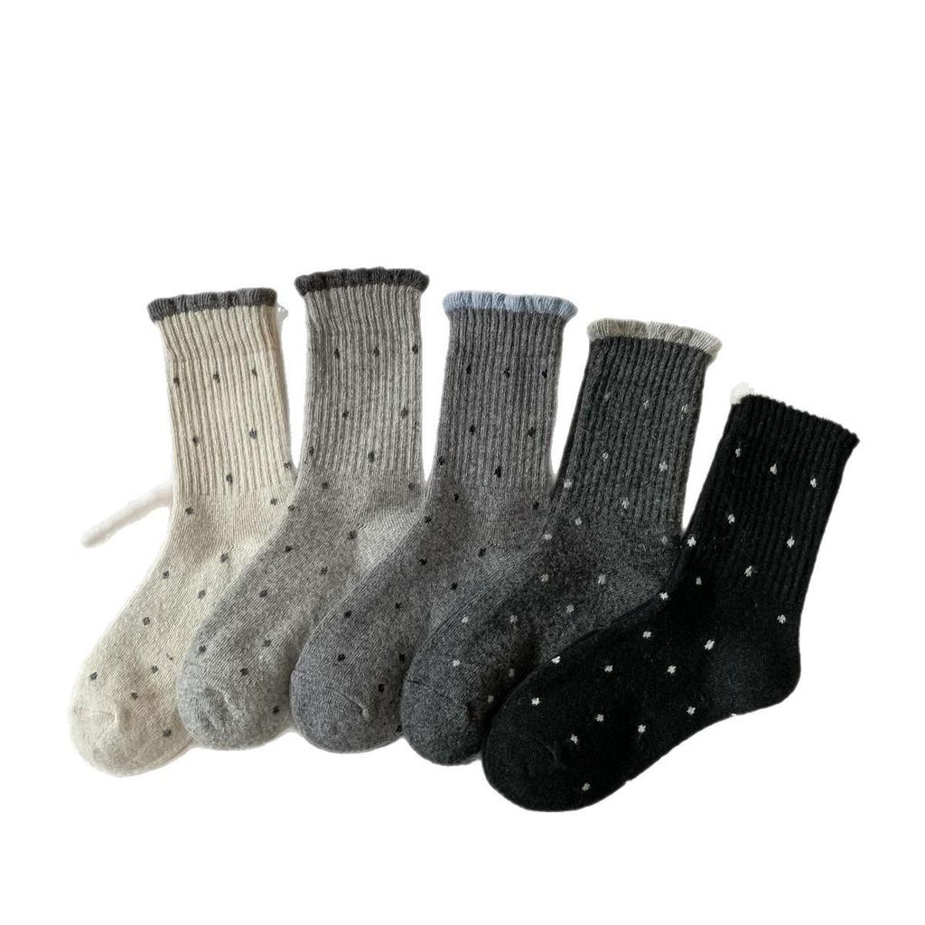 Women's Mid-Calf Polka Dot Warm Wool Socks - Gray, Thick, and Versatile for Winter
