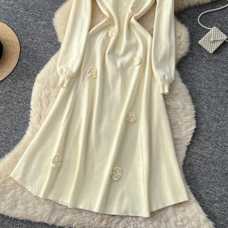 Autumn Winter Women Elegant 3D Flower Knitted Sweater Pullover Long Midi Christmas Party Dresses
