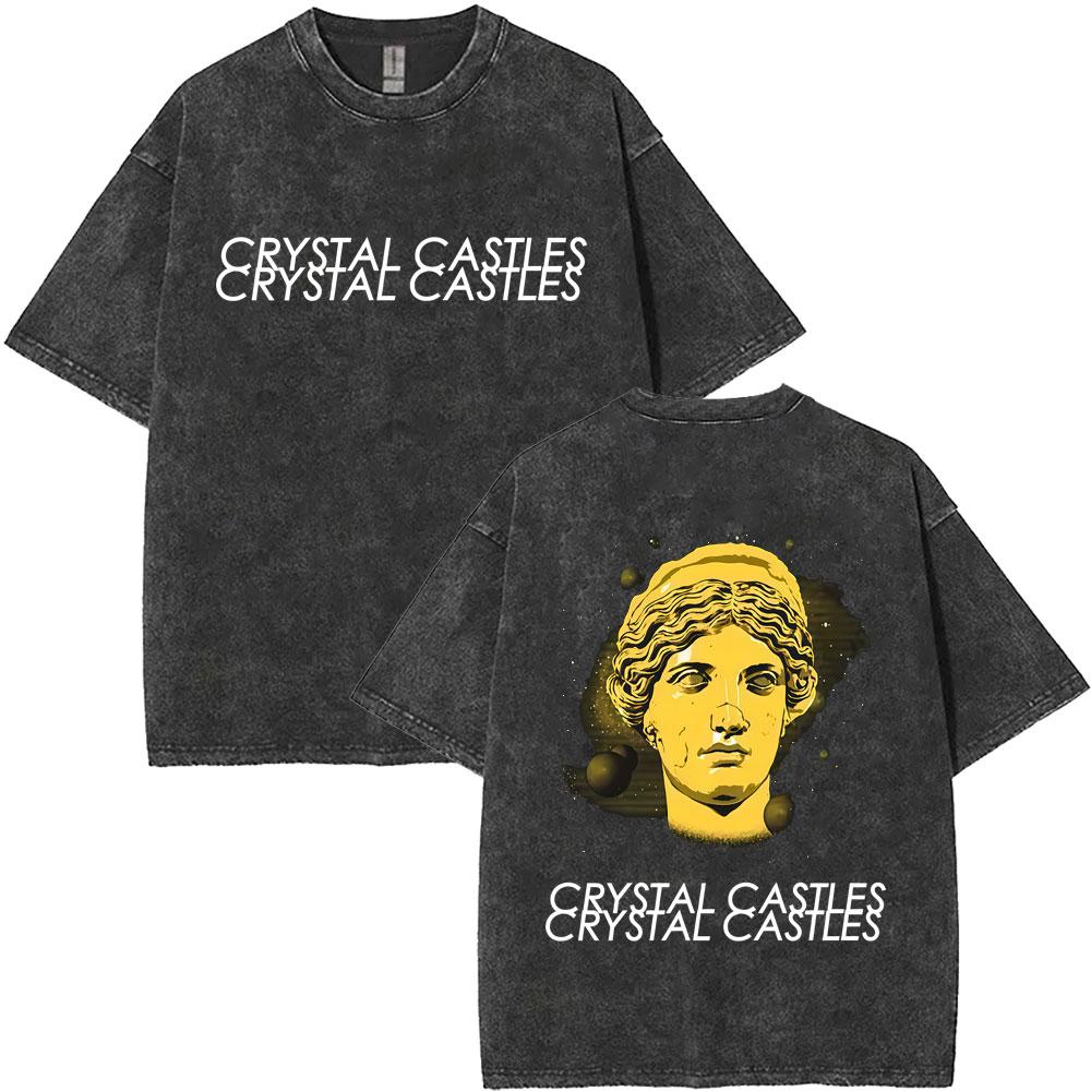 T-shirt Grafica Vintage Lavata Crystal Castles Uomo Donna Retro Gotica Rock Oversize T-shirt Maschile Cotone di Alta Qualità