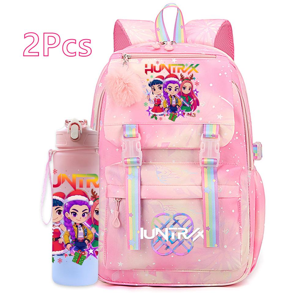 2Pcs/set Christmas K-pop Printed Backpack with 750Ml Water Bottler Large Capacity Travel Bag for Teenager Girl Boy Waterproof Bookbag Kid Gift Rucksak