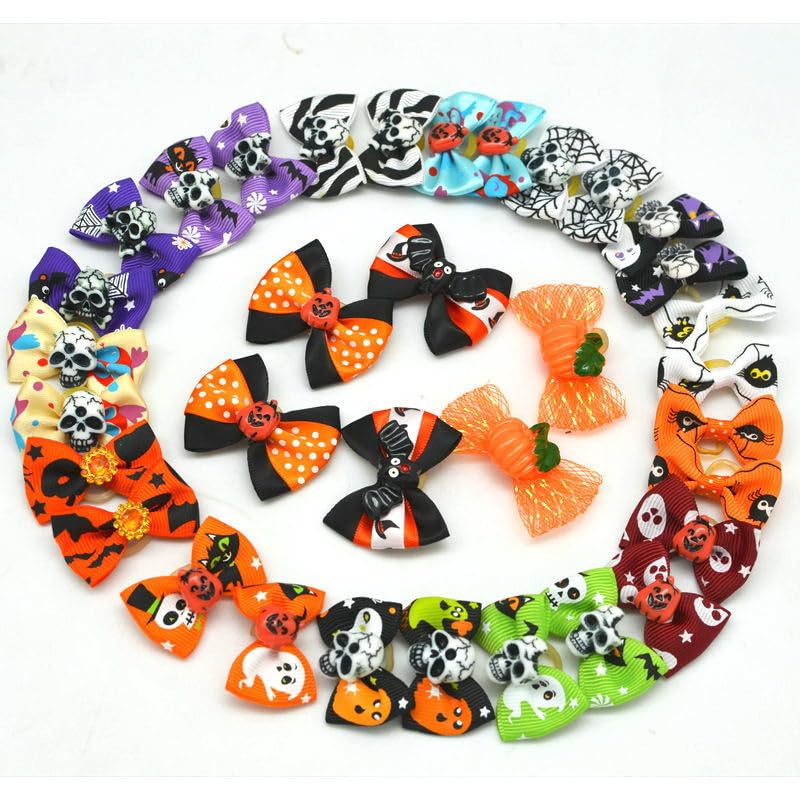 

Puppy Yorkie Dog Hair Bow Halloween Ribbon with Rubber Band 40mm Mix Colors Varies Patterns Pet Grooming Products (Halloween) 2pcs
