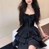 QWEEK Gothic Hrajuku Goth Lolita Kawaii Carino Vestito Nero con Volant Soft Girl Y2k 2026 Moda Festa di Compleanno Vestiti Corti