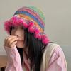 1Pc Women's Vintage Bucket Hat with Ruffle Edge,Autumn and Winter Rainbow Stripe Oil Painting Printing Caps for Streetwear,party