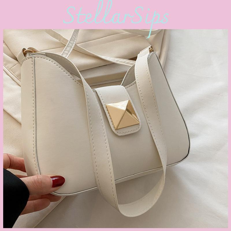 Color Simple Solid Gold Buckle Decoration Women Casual Shoulder Bag Daily For