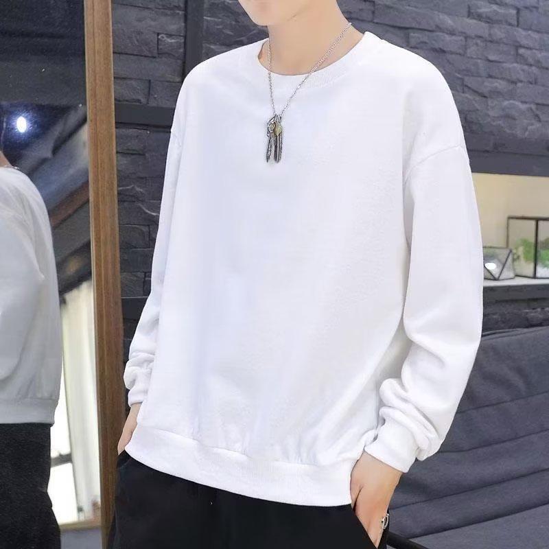 Men's Long-Sleeve Round Neck Solid T-Shirt, Casual Loose Fit, Hong Kong & Korean Style
