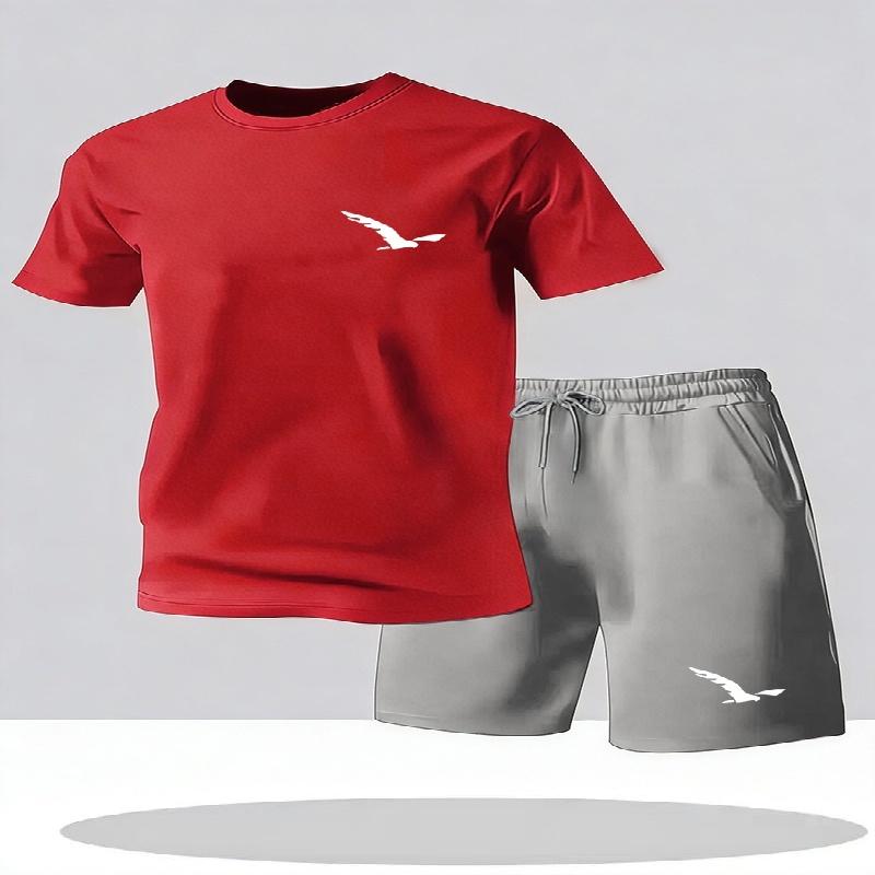 Traje esportivo casual de verão para homens, conjunto de roupas com t-shirt de gola redonda e manga curta e shorts, vestuário esportivo casual masculino