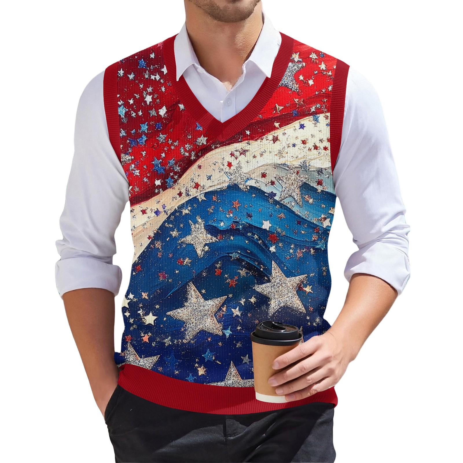 

Мужской модный принтованный V-образный вырез без рукавов трикотажный пуловер XL серебряный