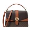 Greenwich Brand Gold Logo Presbyopic Artificial Leather Shoulder Handbag Medium Size Women's Dark Brown with Black and Cowhide Brown