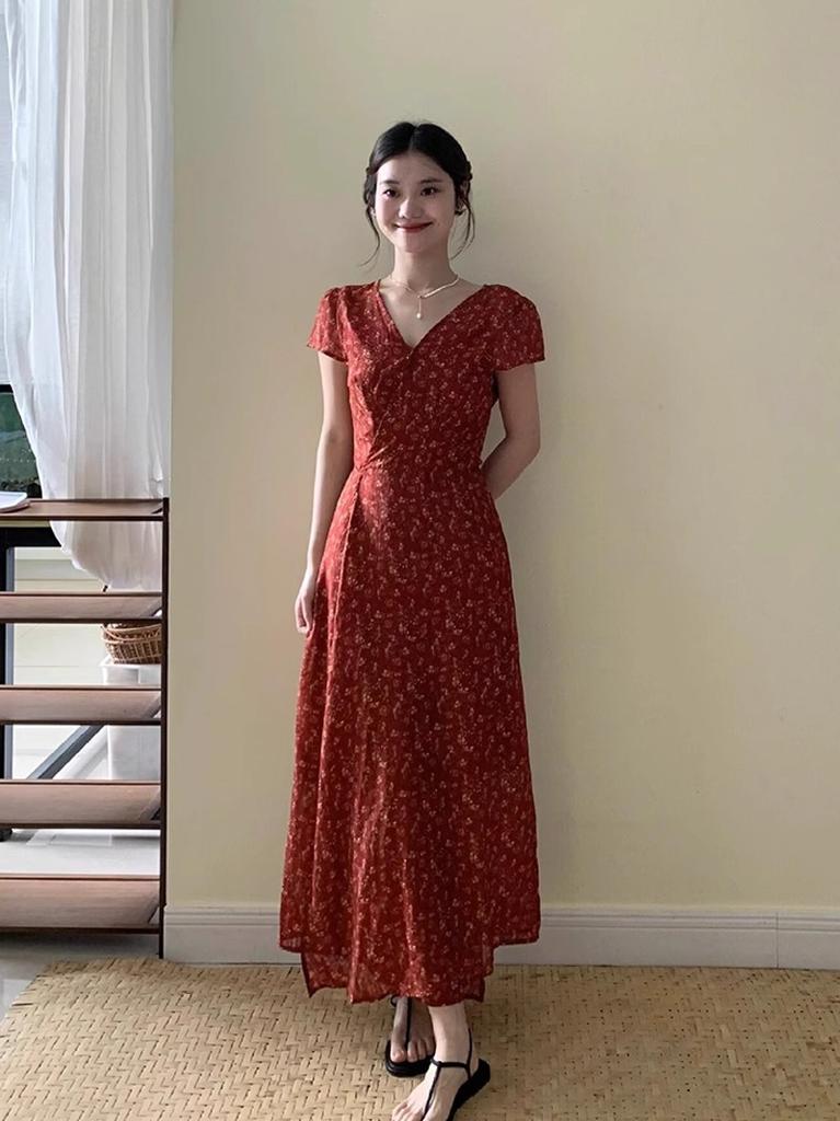 Small Short Floral Dress Women's Summer Waist French Temperament Medium and Long Skirt Xs Shows Height