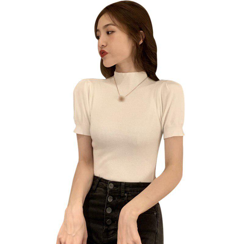 

Модная летняя женская сплошная цветная полуводолазка с тонкими пышными рукавами трикотажная футболка белый