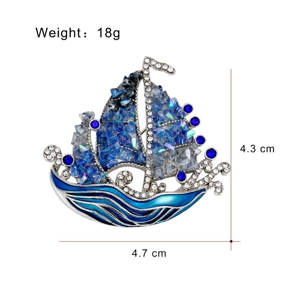 Fashion Blue Crystal Lucky Ship Brooch Pins Handmade DIY Enamel Brooch Rhinestones Jewelry Lapel Pin Accessories Women