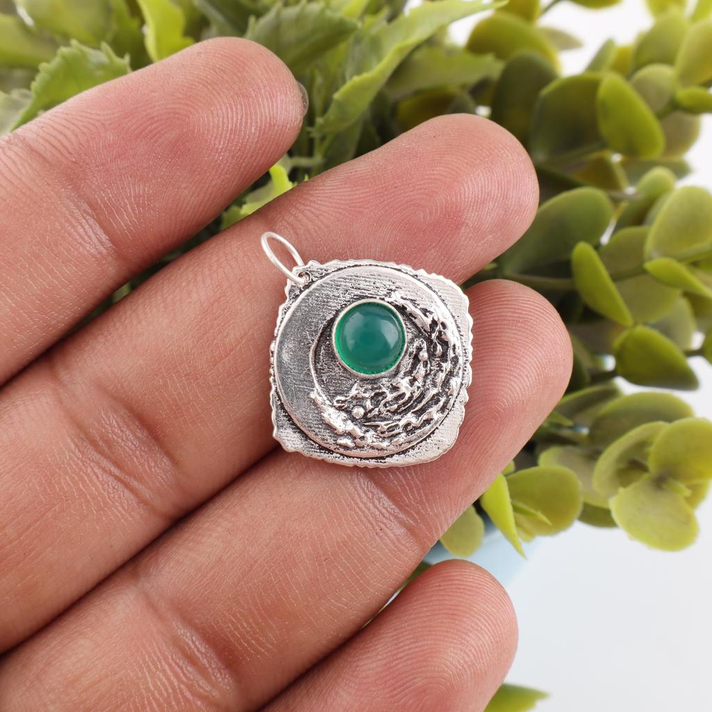 Green Onyx Cab Gemstone Jewelry, 925 Solid Sterling Silver Pendant, Handmade Silver Pendant For Wedding Gift
