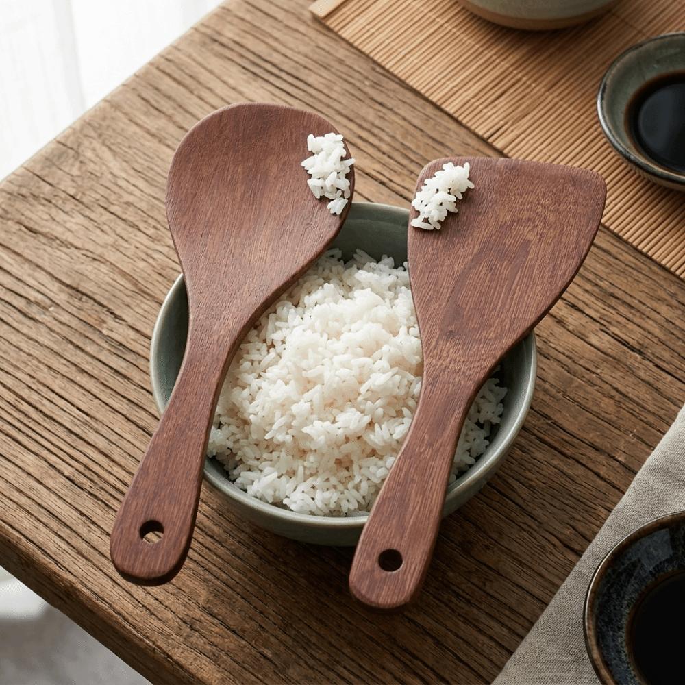 2 Pcs Long Handle Cooking Spatula Solid Wood Kitchen Scoop Rice Spatula Non-stick Pan
