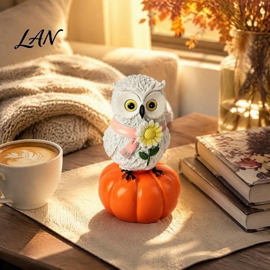 Indoor Seasonal Shelf Displays Fall Pumpkin Owl Figurine, Resin on Statue with Creative Scarf Sunflower for Autumn Thanksgiving Tabletop, Mantel,