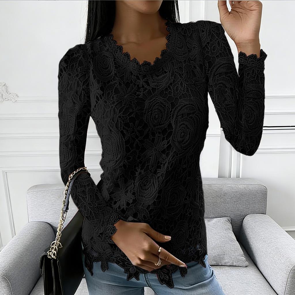 Dámský barevný ležérní elegantní krajkový top s kulatým výstřihem a dlouhým rukávem