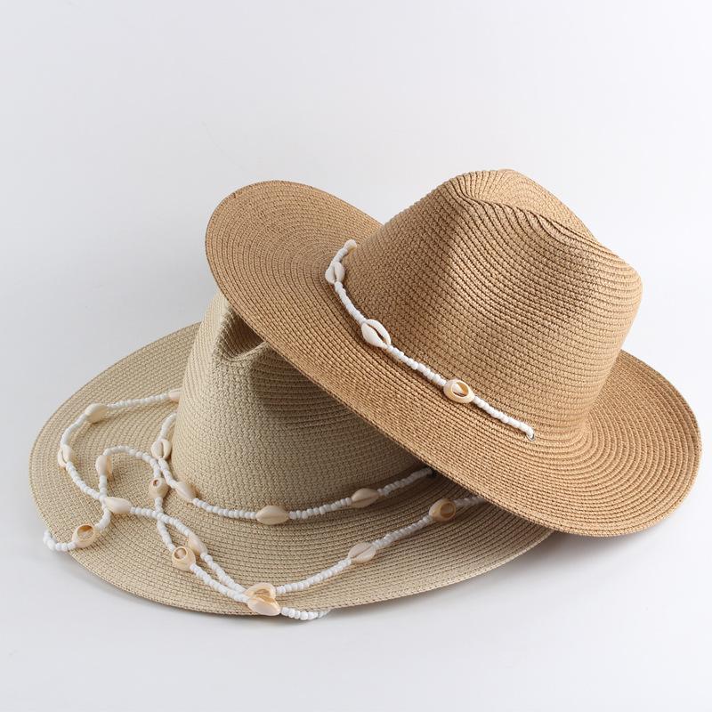 Chapeaux Panama d'été pour femmes avec longue chaîne de coquillage conque Chapeaux Jazz en paille Bohème Chapeau de soleil Chapeaux Fedora Vintage pour hommes Chapeaux de créateur