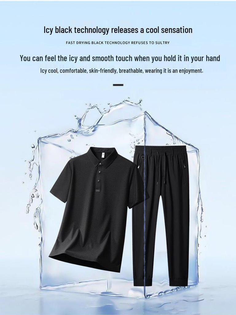 Men's Polo Short Sleeve & Long Pants Set: Summer Breathable, Elastic, Cool Touch Casual Sportswear.