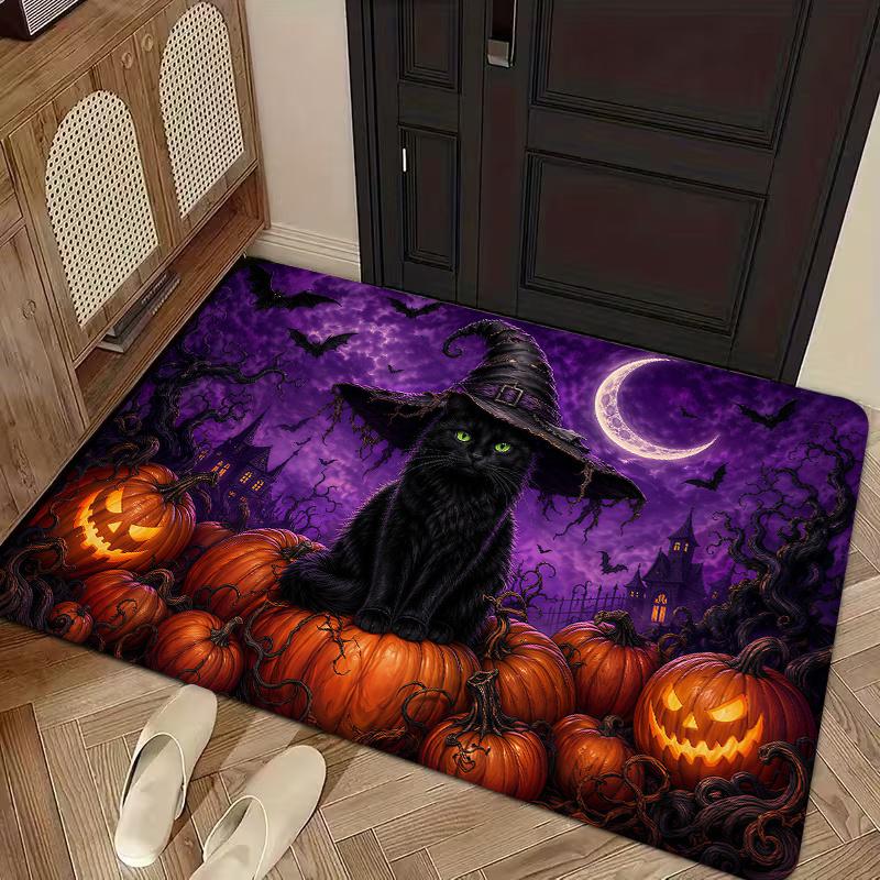 1pc, 2D Flat Printing, Halloween Black Cat Pumpkin Doormat, Kitchen Restaurant Decor, Indoor Outdoor Home Party Decoration