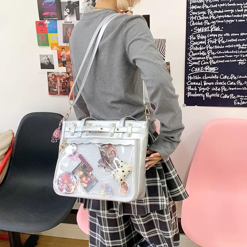 Color Solid Heart Shaped Decor Women Tote Bag With Transparent Compartment
