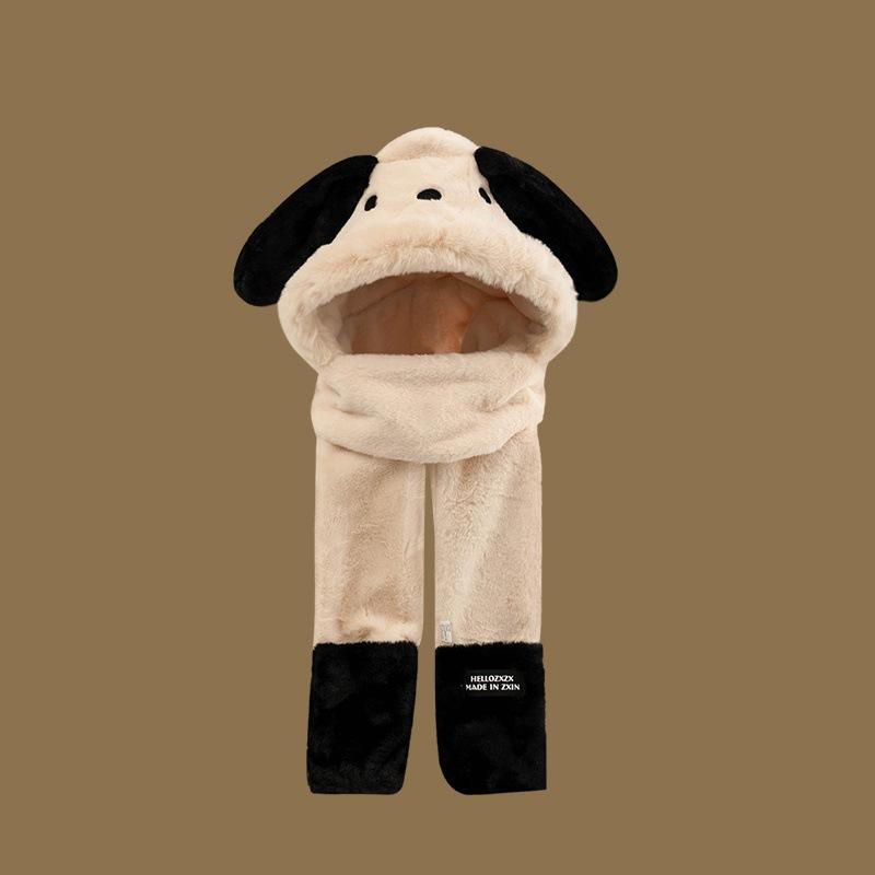 Cute puppy cartoon plush hat women's autumn and winter thickened warm plush hat gloves scarf three-in-one headgear