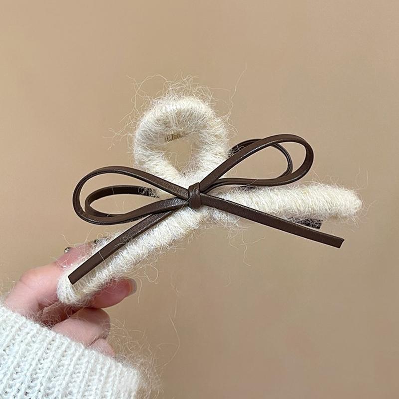 Plush Leather Bow Large Hair Claw Autumn/winter Furry Headband Womans Elegant Hair Pins Shark Clips Female Fashion Barrettes